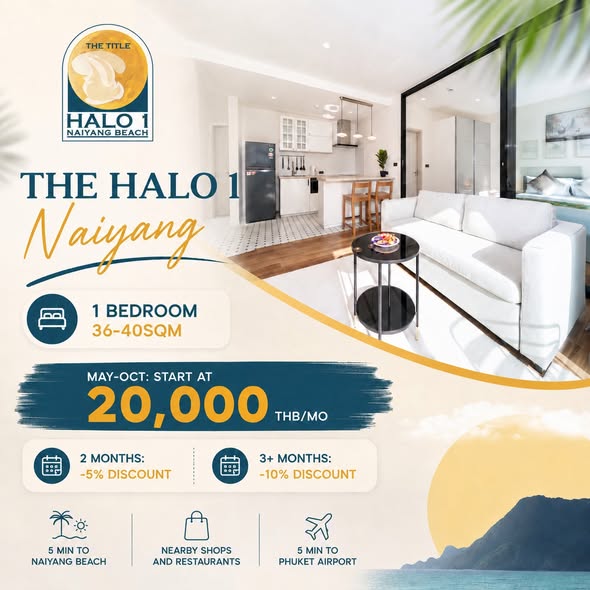 1BR Apartment | Halo 1 Naiyang — 300 m walk to the Beach Monthly stay rates: • May-Oct low season: star