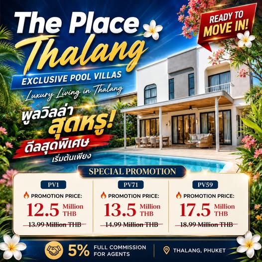 FOR SALE READY TO MOVE IN The Place Thalang, Phuket 5% Full Commission for Agents VILLA PV