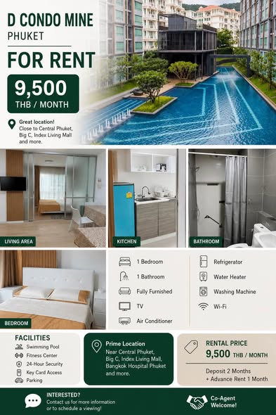 FOR RENT | D Condo Mine Phuket 1st Floor 9,500 THB/month 1-Year Contract Move-in Terms 1 Month Security Deposit 1 Month Rent in Advance Co