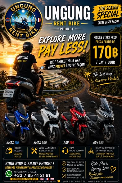 e riding experience Starting from 200฿ / day Delivery to your hotel / villa in Phuket Helmets + phone holder included Clean & well-maintaine