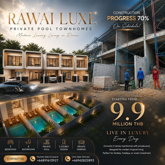 RAWAI LUXE – PRIVATE POOL TOWNHOMES By Narinsaya Development Modern luxury living in the heart of Rawai. Special Launch Price THB 9.9 Millio