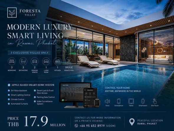 Spacious Living Room 1 Modern Kitchen Huge Private Swimming Pool The villa is equipped with an Apple-based Smart Home system, including: • S