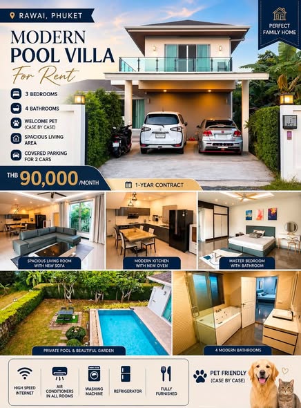 Welcome Co Agent Modern 3-Bedroom Pool Villa Rawai, Phuket Rental Price: THB 90,000/month 1-Year Contract 2 months deposit Property Fe
