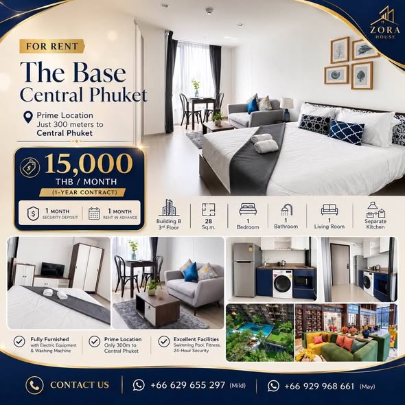 FOR RENT | The Base Central Phuket ทําเลศักยภาพ หลังเซ็นทรัลภูเก็ต ราคาเช่า 15,000 บาท/เดือน (สัญญา 1 ปี) เงื่อนไขการเช่า • เงินประกัน 1 เ