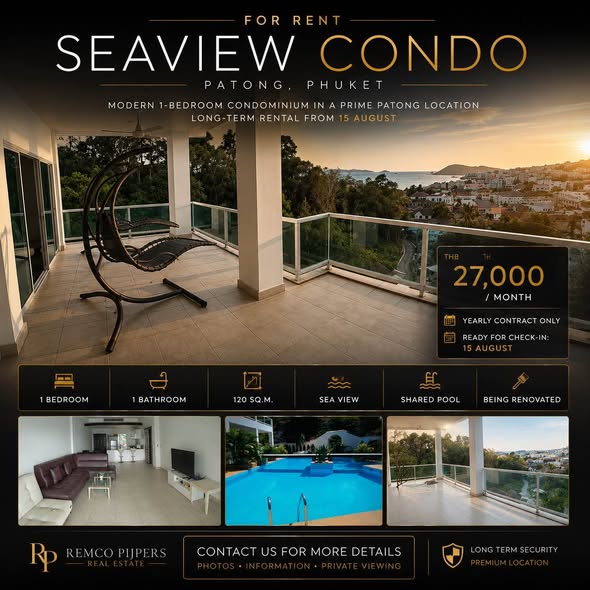 FOR RENT | SEAVIEW 1-BEDROOM CONDO – PATONG, PHUKET Modern sea view condominium in a prime Patong location, currently undergoing renovatio