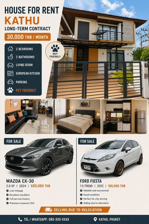 В связи с переездом сдаем дом и продаем автомобили. Дом в аренду (Kathu, Phuket) Район Kathu 30 000 бат/месяц Только долгосрочная аренда (го