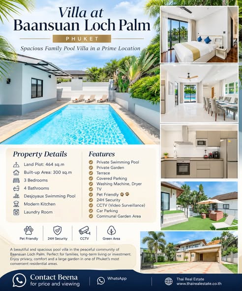 FOR RENT | DIRECT OWNER | Baansuan Loch Palm Pool Villa, Phuket Experience spacious family living in one of Phuket’s most peaceful and sec