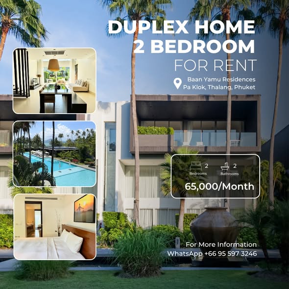 Details: • 2 Bedroom Duplex | 168 sqm • 65,000 THB/month (12-month contract) On-Site Amenities: • Community Cl