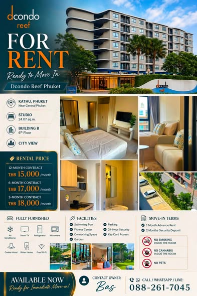 FOR RENT | Dcondo Reef Phuket Ready to Move In Owner Post : Welcome Agent Kathu, Phuket | Near Central Phuket Studio | 24