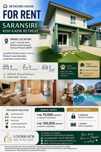 for Rent – Saransiri Koh Kaew Retreat Prime Location – Just 1 minute from British International School Phuket (BISP) A perfect family home