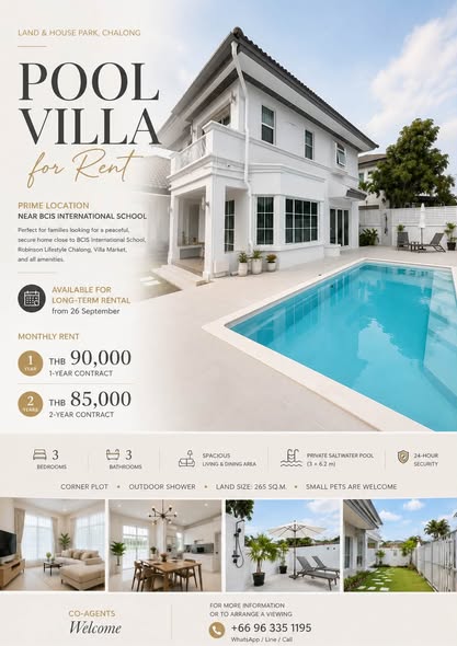 for Rent – Land & House Park, Chalong Beautifully renovated private pool villa in a peaceful gated community, just minutes from BCIS Inter