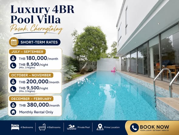 🔥 Luxury 4BR Pool Villa | Pasak, Cherngtalay 💰 SHORT-TERM RATES 📅 July – September 💸 THB 180,000/month 🌙 THB