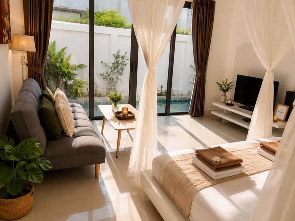 for Rent at Cheng-Talay Price : 55,000THB *Allow cat * • 1 Bedroom | 1 Bathroom • Fully Furnished • Private Swimming pool • Bathtub Paymen